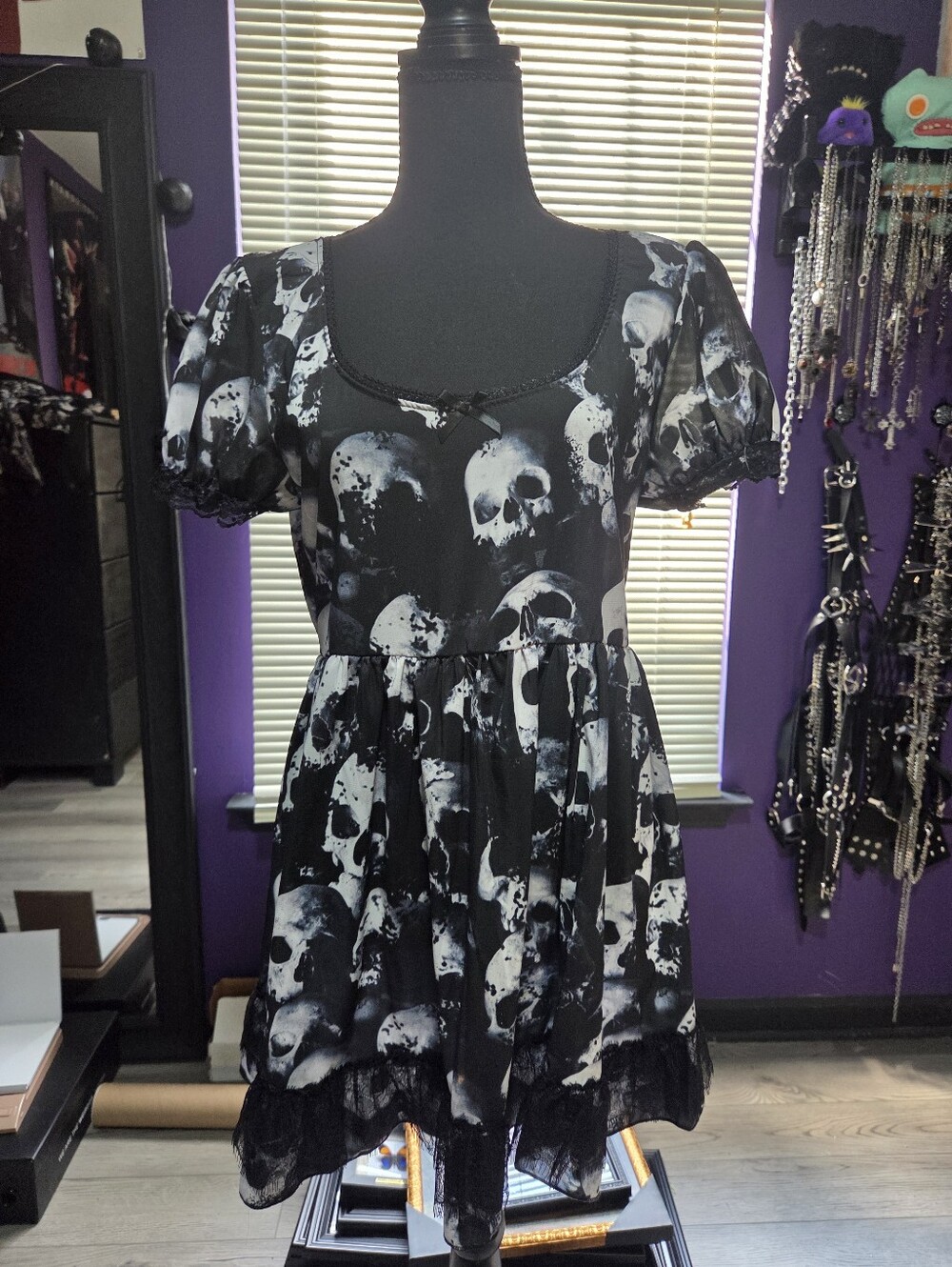 Dolls Kill Widow Wayward Skulls Babydoll Dress S Black Gothic Emo Punk Print